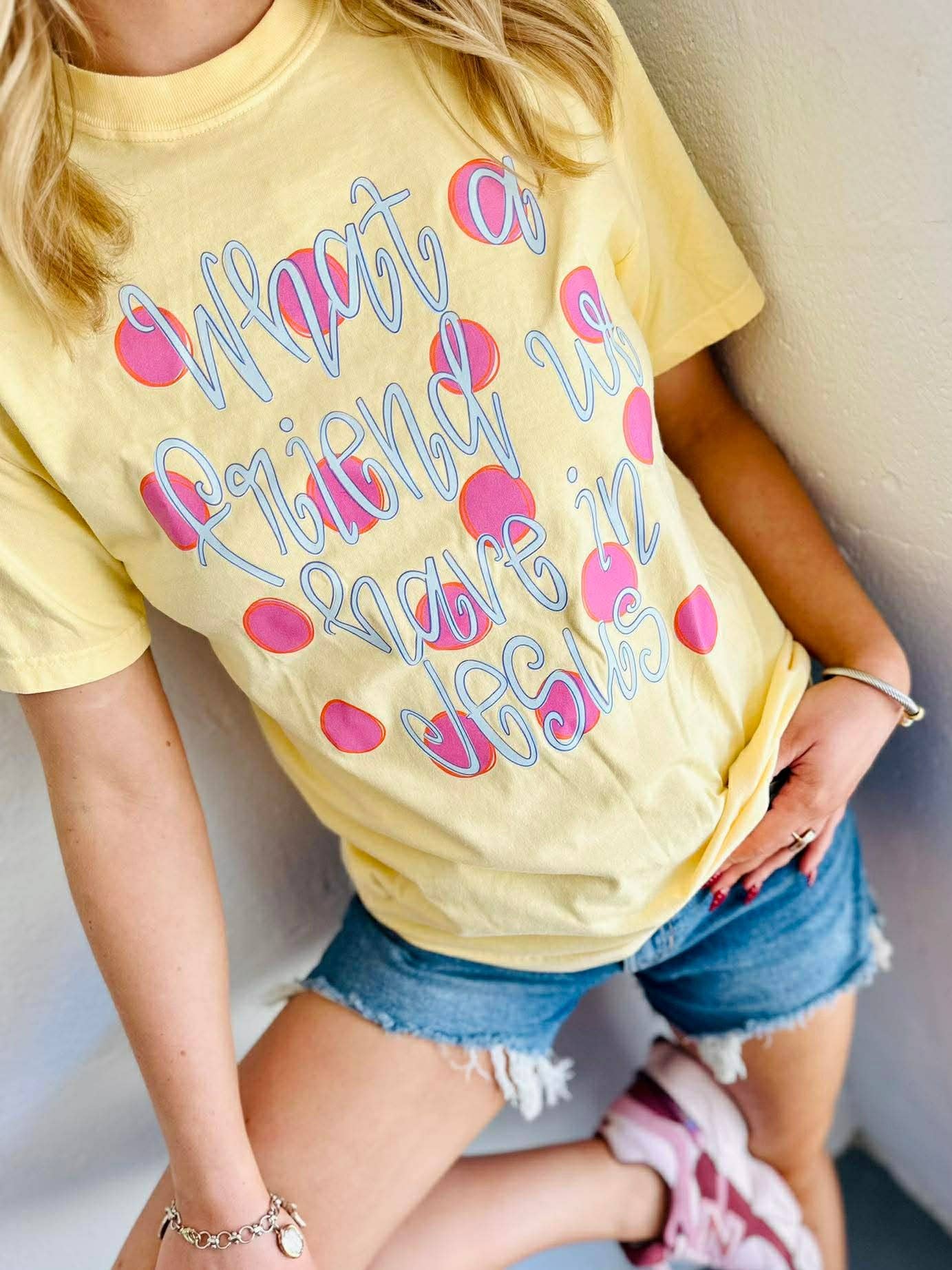 What a Friend in Jesus Polka Dot DTF Top: Butter CC tee