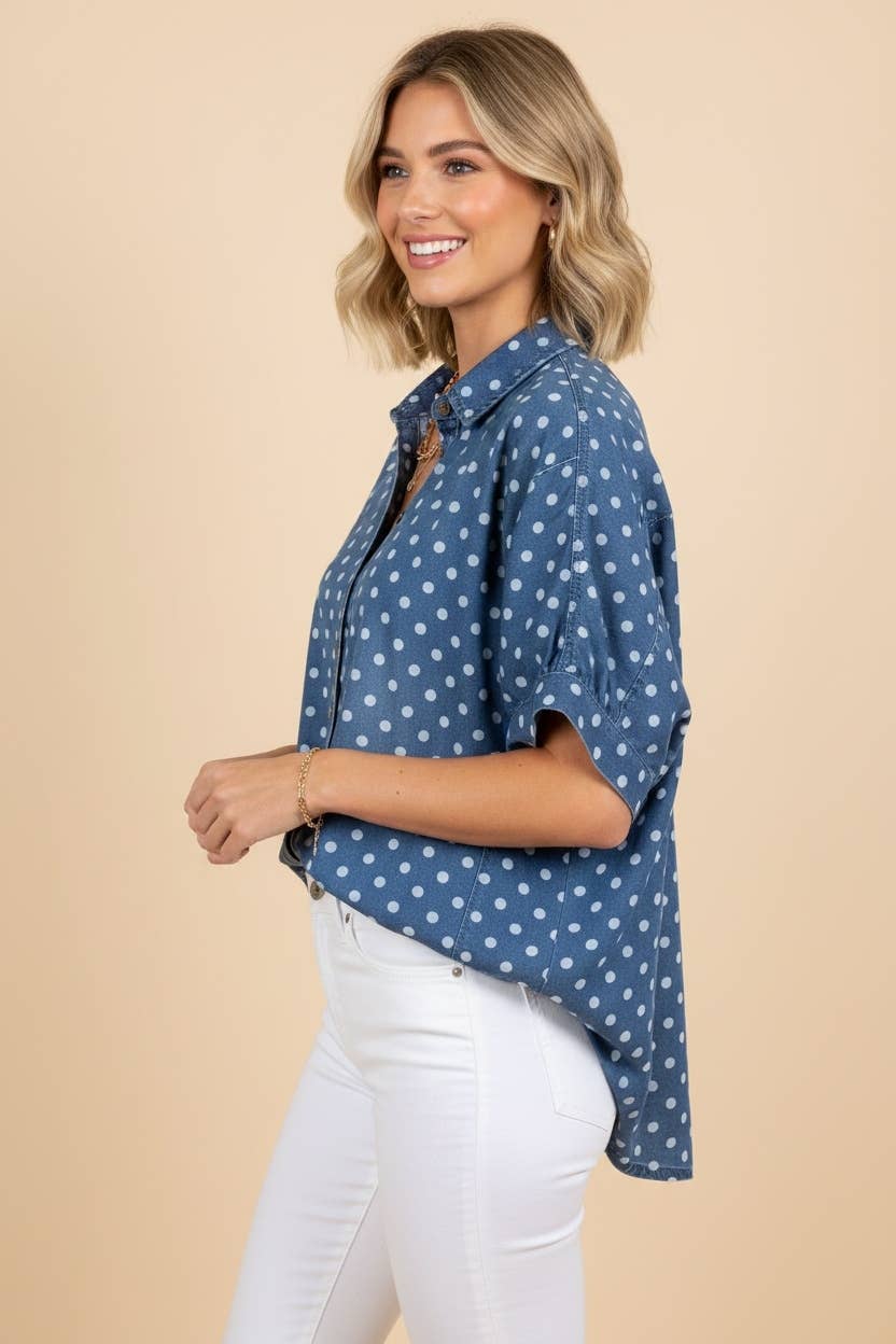 HT20346 Polka Dot Button Front Denim Shirt: DENIM / 2-2-2(S-M-L)