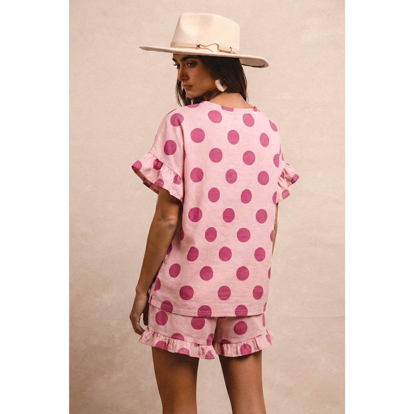 POLKA DOTS PRINTED RUFFLED TOP AND SHORTS SET: BLUSH/PINK