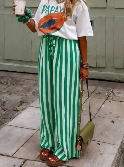 Multi Color Boho Beach Vertical Stripe Lace-Up Pants: Green