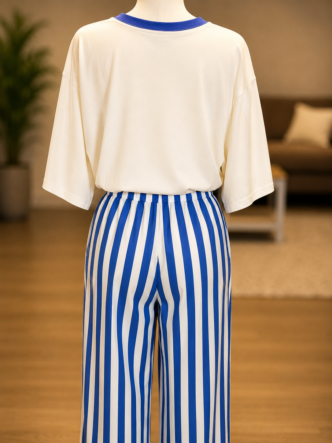 Multi Color Boho Beach Vertical Stripe Lace-Up Pants: Blue