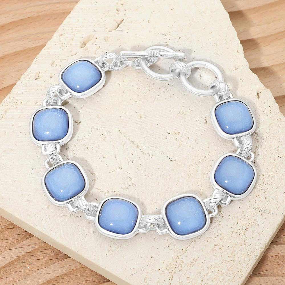 Bold Square Stone Link Toggle Bracelet: Blue,Worn Silver