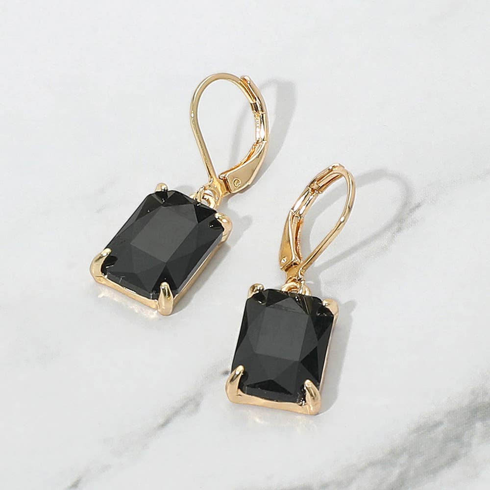 Rectangular Glass Stone Drop Dangle Earrings: Black