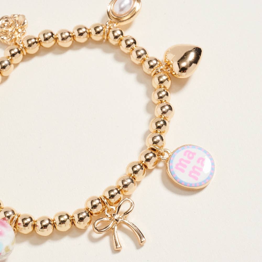 7.25 In Metallic Bead Mama Charm Stretch Bracelet: Blue / ONE