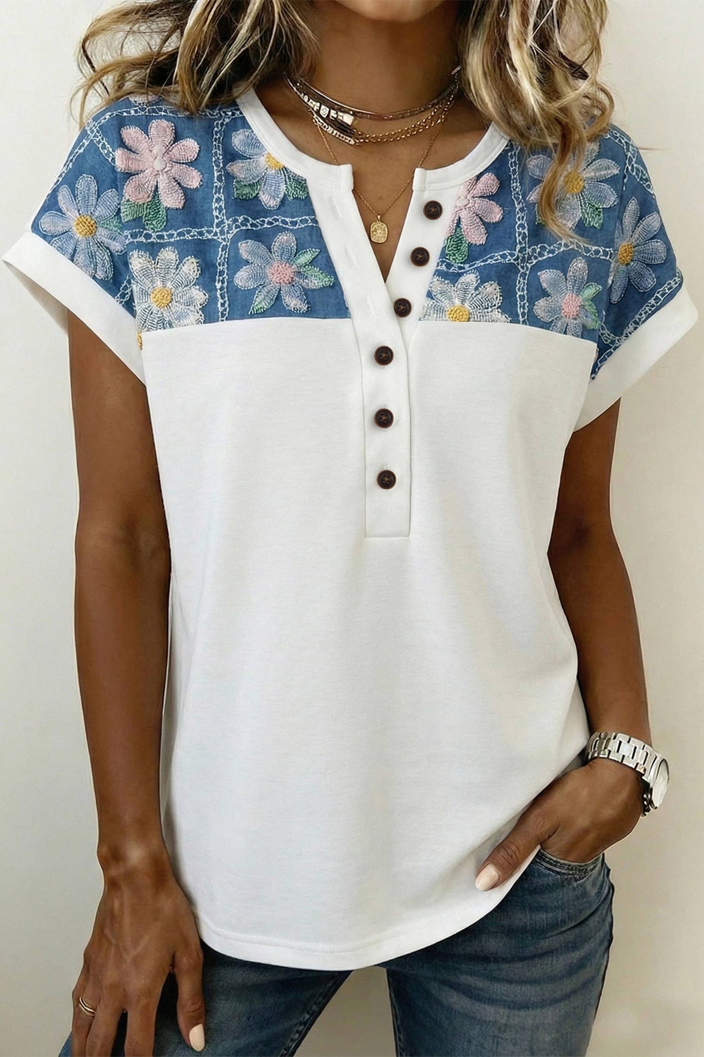 Colorblock Floral Patchwork Top | S-XL: As shown / Missy
