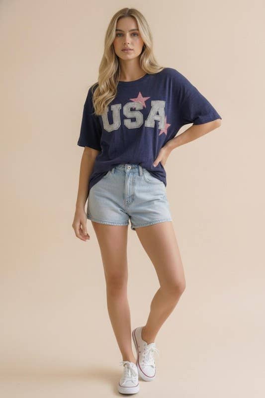 Short Sleeve Oversized Star and Usa Patchwork: Navy