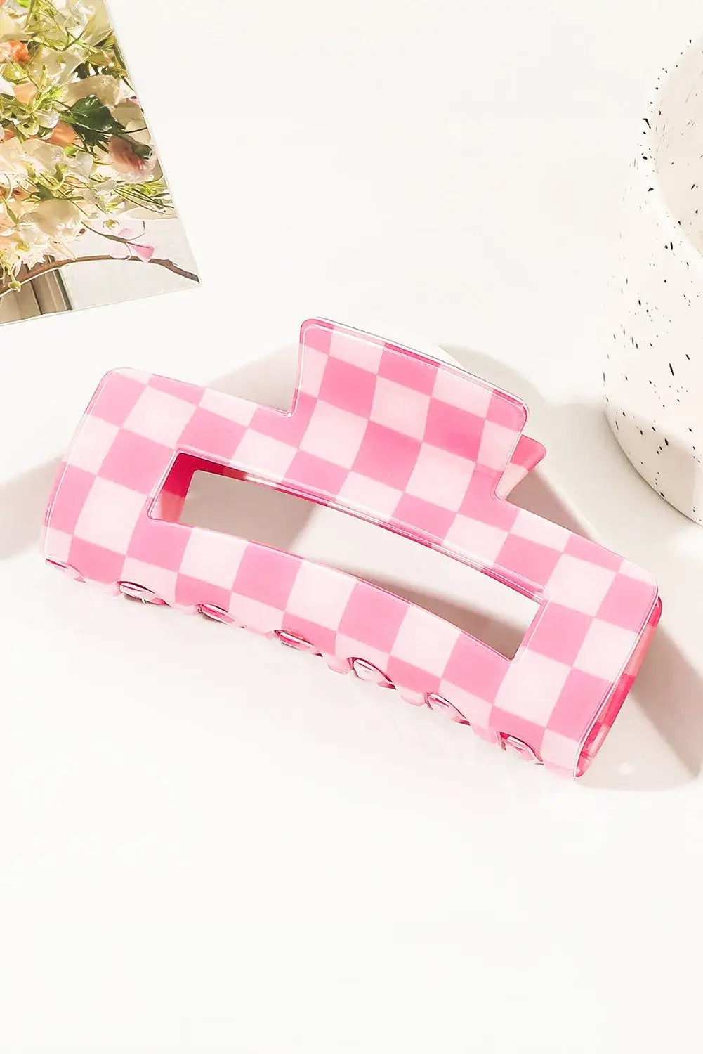 Black Checkered Print Hollow Out Hair Clip: Sachet Pink / Acrylic / ONE SIZE