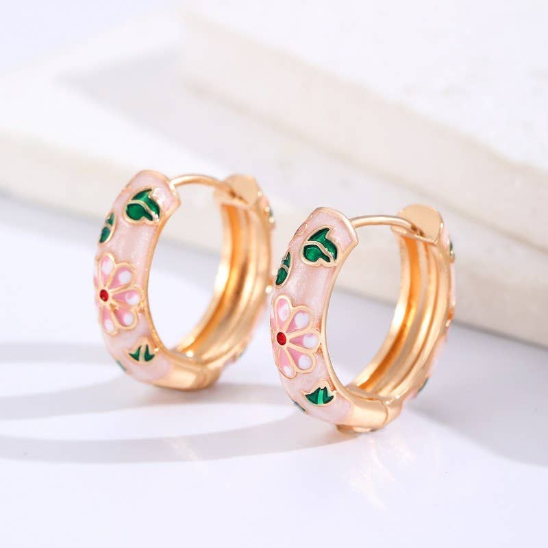 VINTAGE CLOISONNE ENAMEL FLORAL HOOP EARRINGS | 40E358: Blue