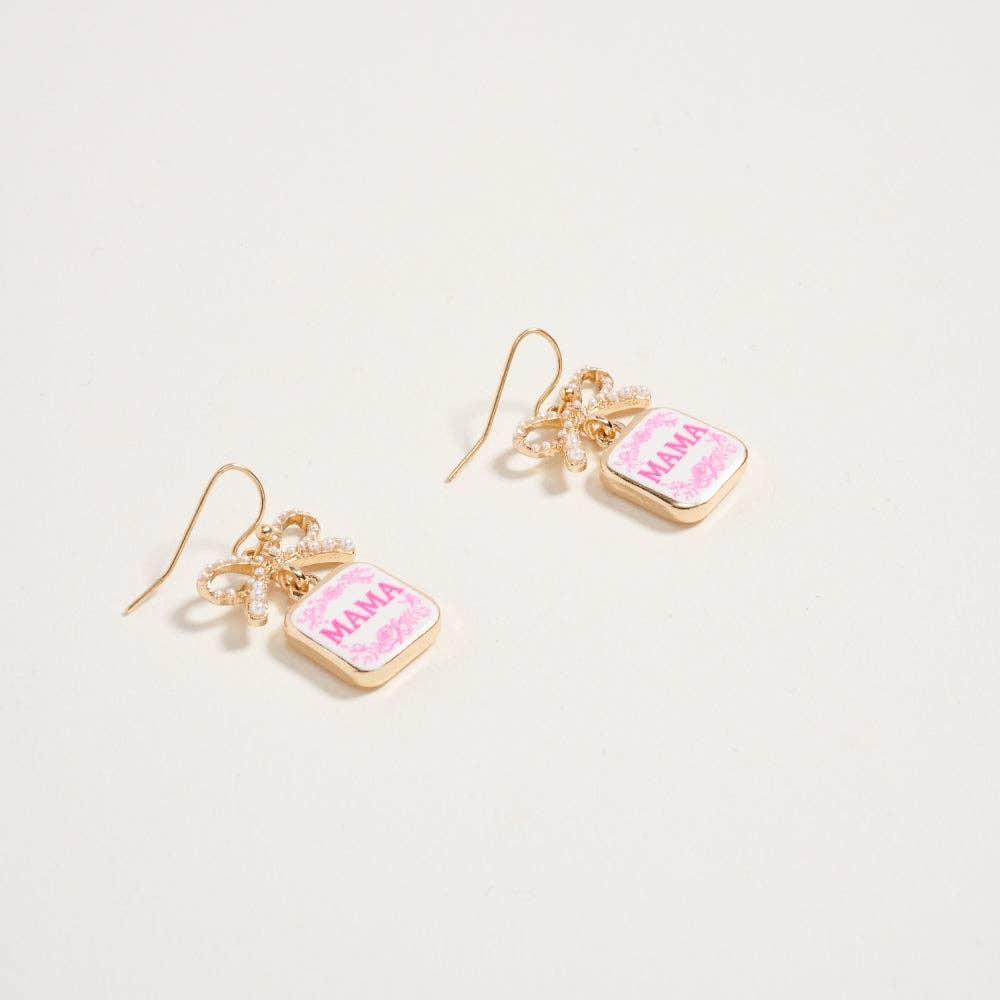 1.25 Inch Mama Enamel Charm Pearl Ribbon Earrings: Blue / ONE