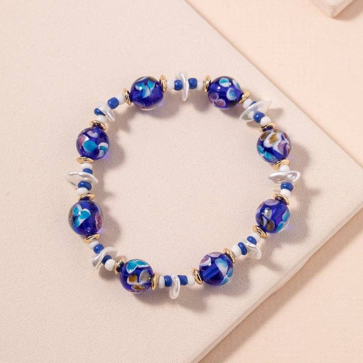Murano Glass Beads & Pearl Linked Stretch Bracelet: NAVY