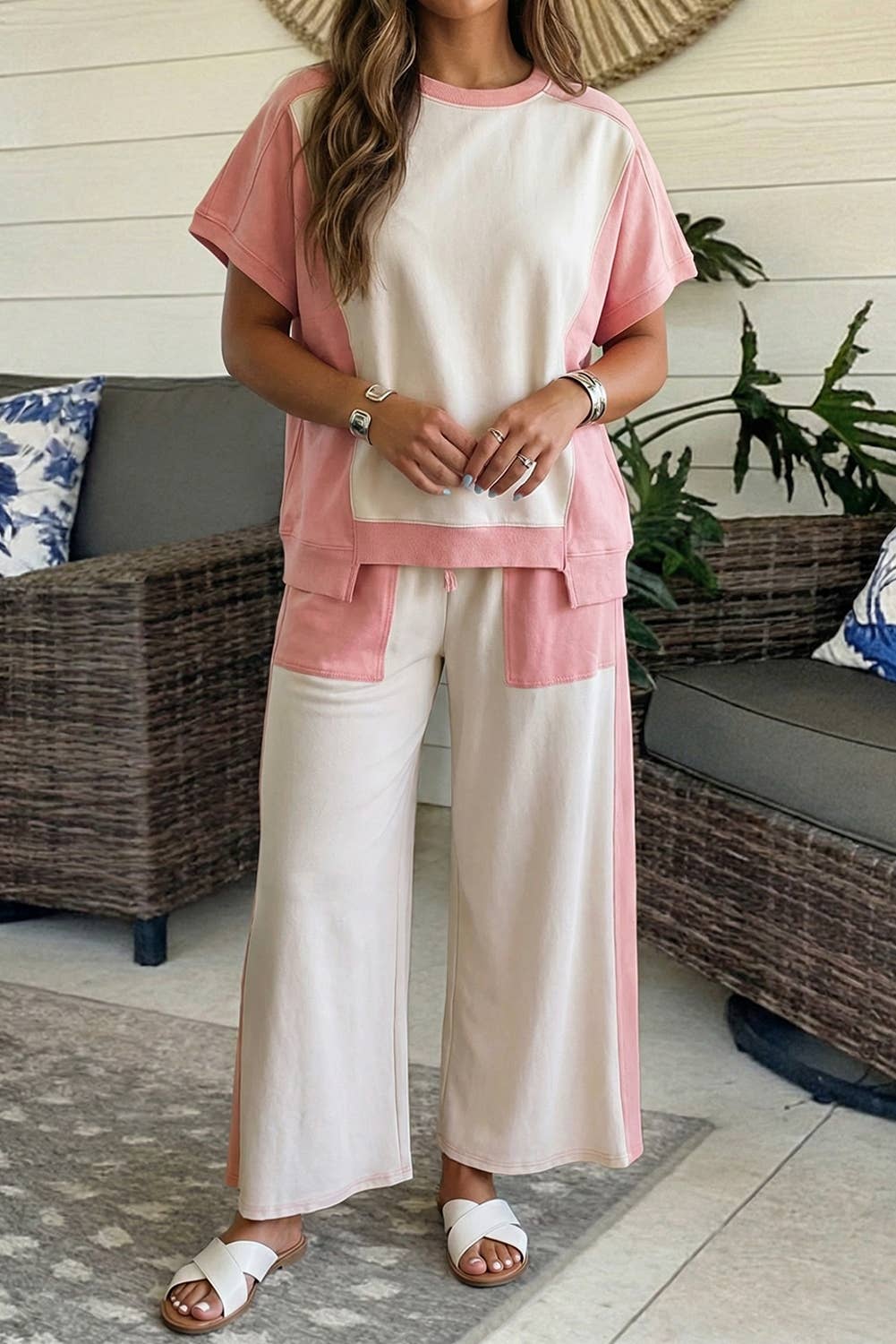 Two-tone Color Block Patchwork Tee Drawstring Loose Pant Set: White
