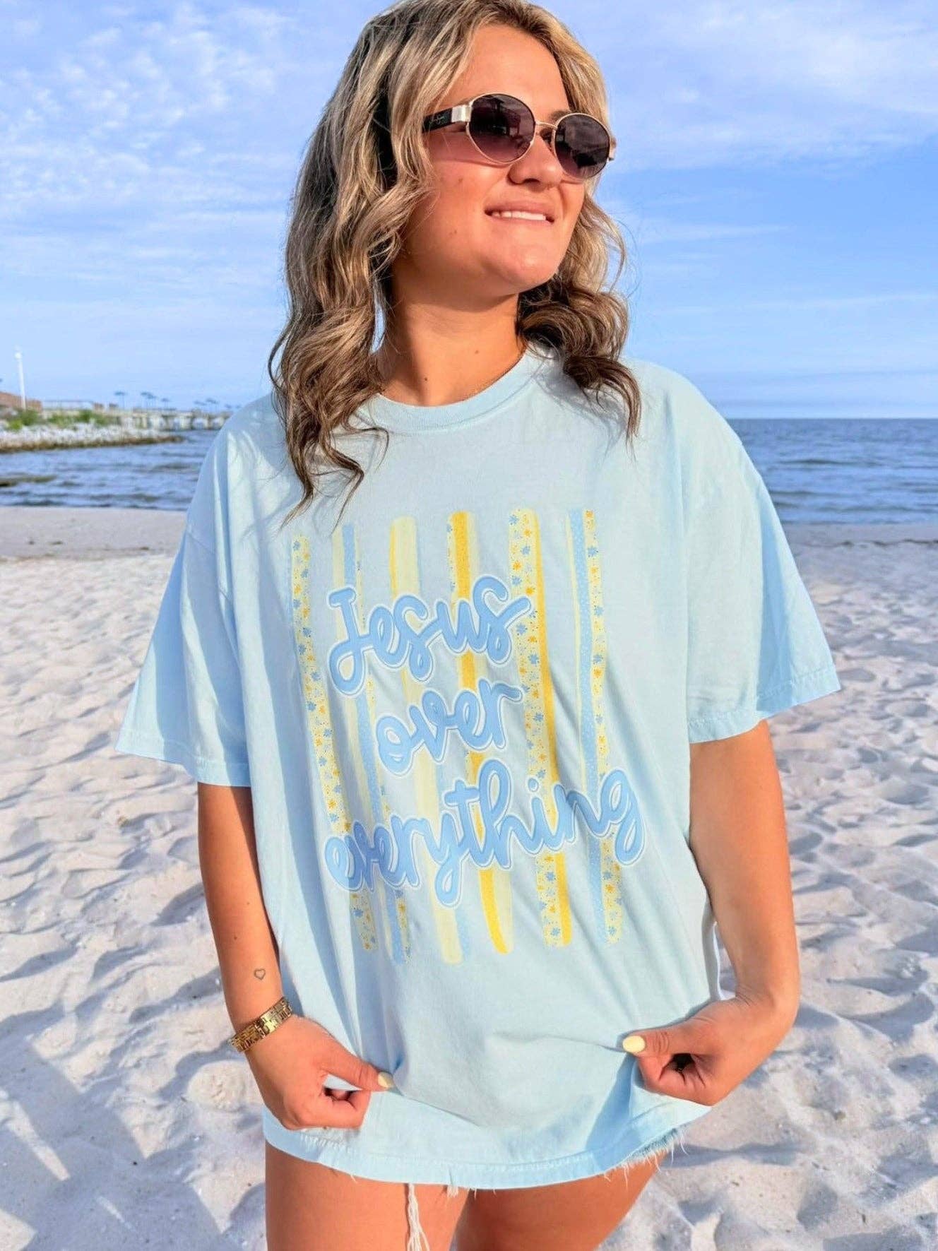 Jesus Over Everything Yellow Stripe FAITH108 DTF: Chambray CC tee