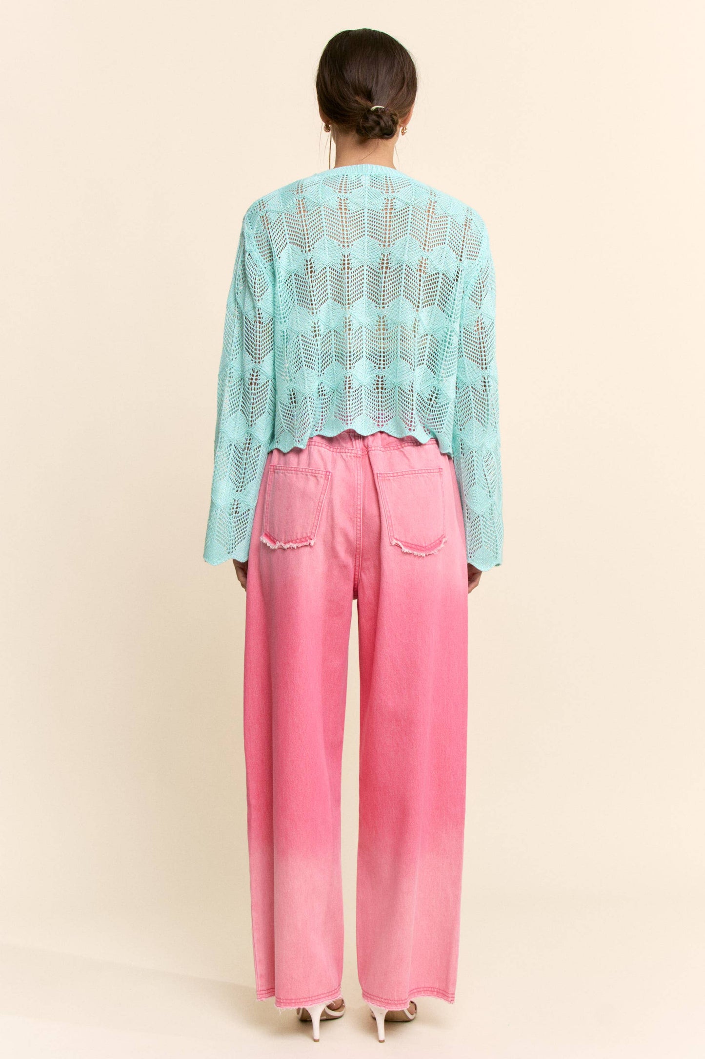 PEARL STONE BEACH LETTERING CROCHET SWEATER TOP: AQUA BLUE