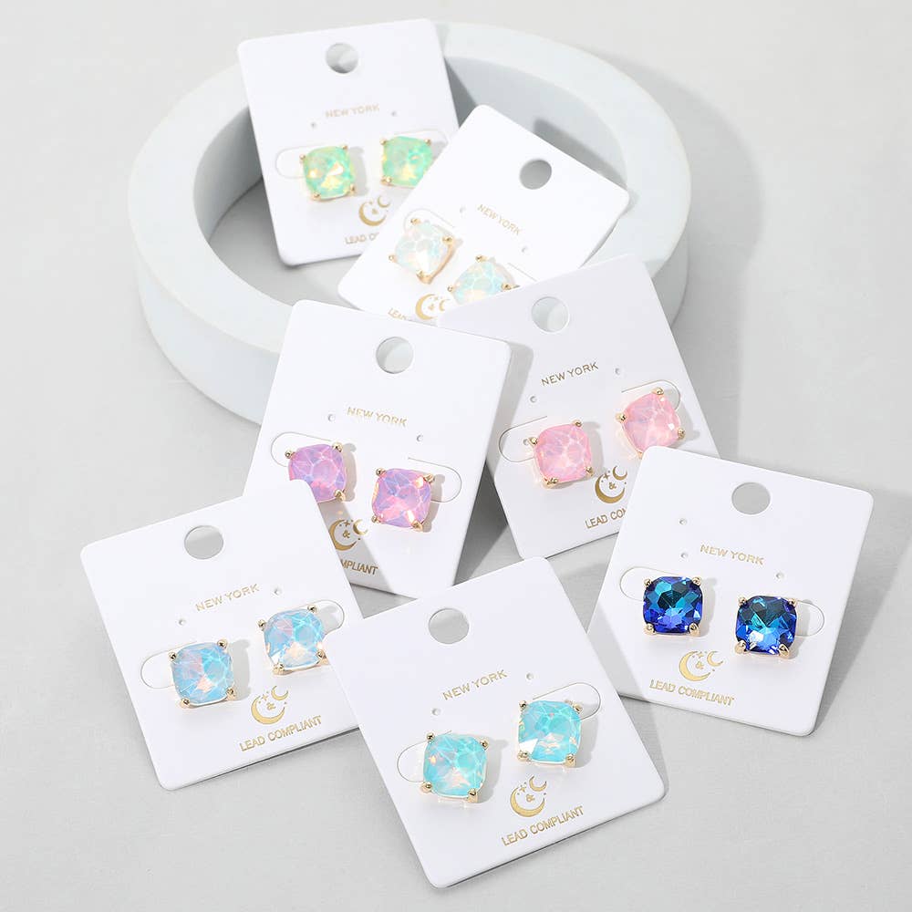 Cushion Square Stone Stud Evening Earrings: AQ-AB
