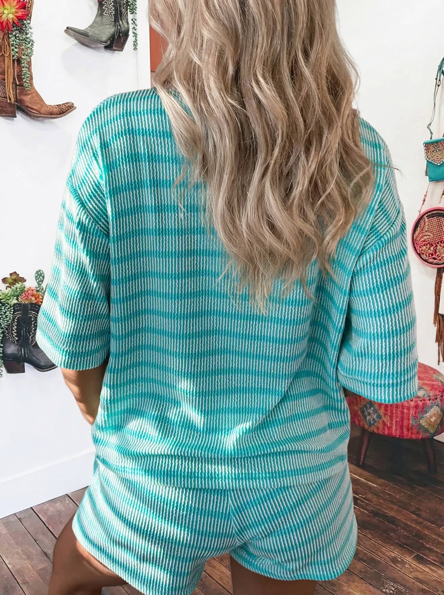 Stripe Rib Loose Tee Drawstring Elastic Waist 2pcs Short Set: Sky Blue Stripe /