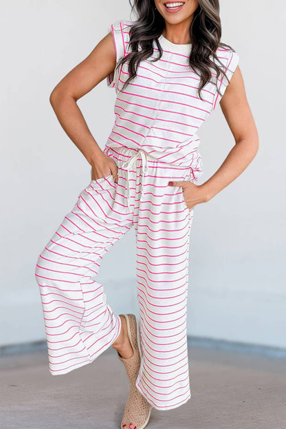 Casual Style Striped Short Sleeve Two-Piece Set | S-XL: Pink / Missy