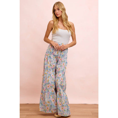 FLORAL PRINTED TIERED FLARE WOVEN PANTS: LT BLUE