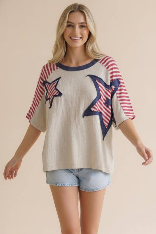 Plus Oversized Star Patch Stripe Color Block Top: Oatmeal/Red/Navy /