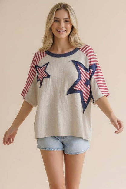 Plus Oversized Star Patch Stripe Color Block Top: Oatmeal/Red/Navy /