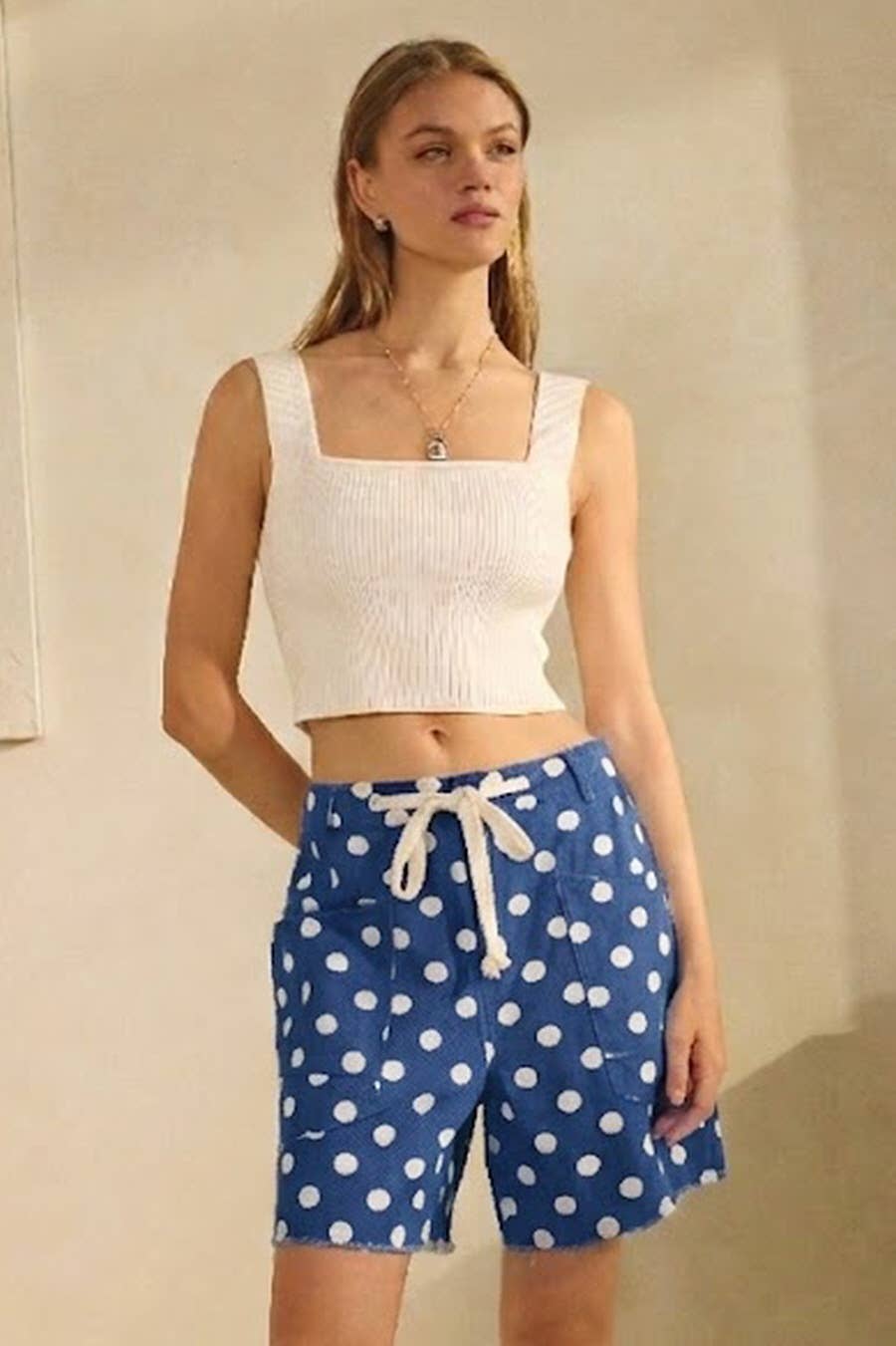 Polka-dot Drawstring Shorts: White Azure Blue