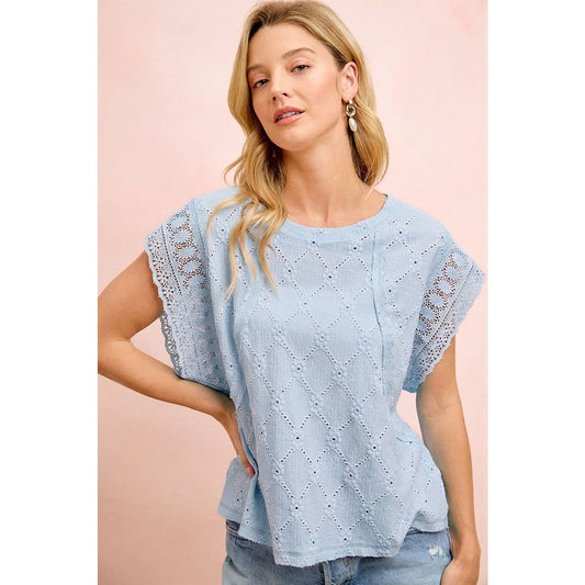 FLOWER EYELET KNIT CROCHET TRIM SLEEVES TOP: LIGHT BLUE