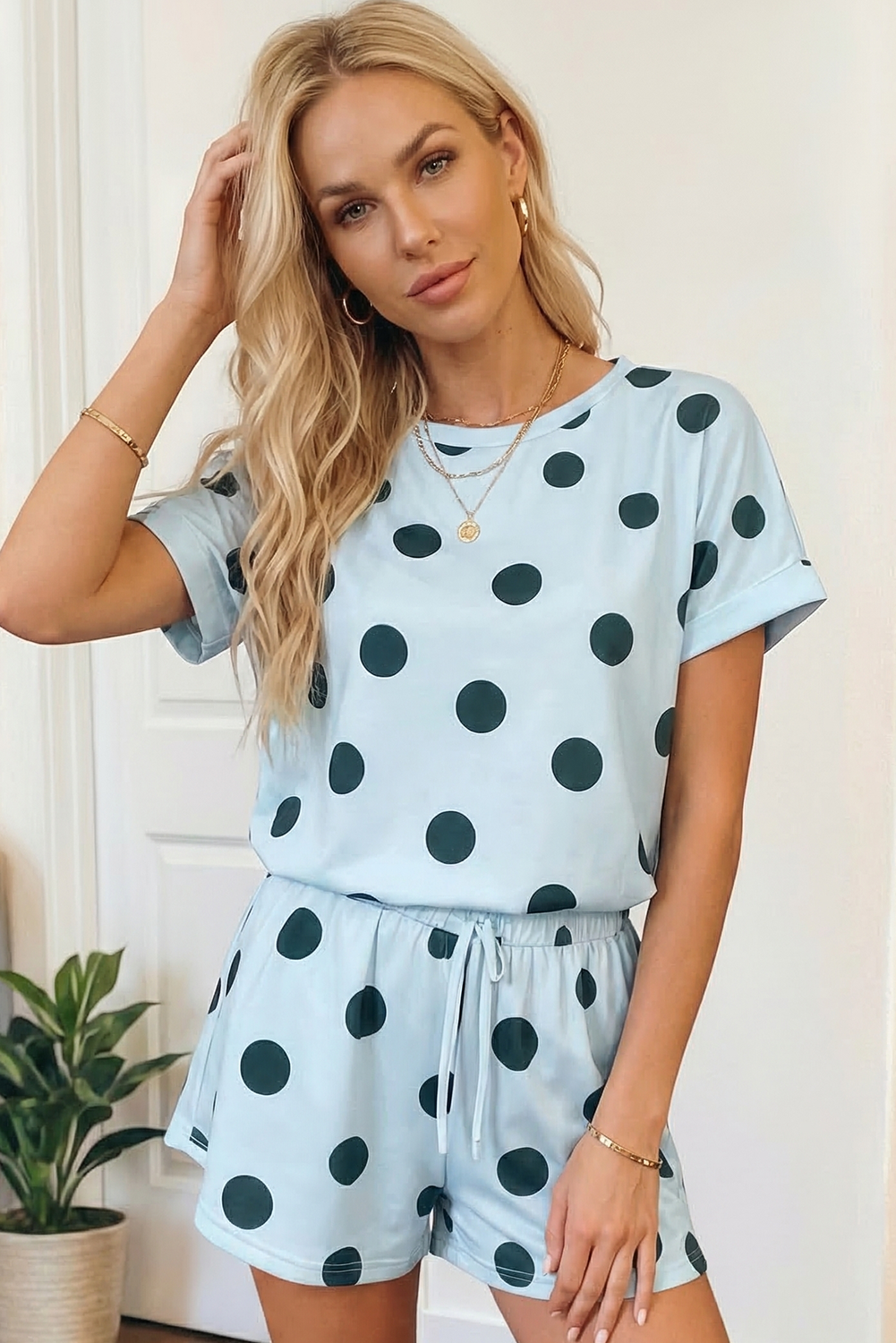 Summer 2026 Polka Dot Print Tee Drawstring Elastic Short Set: Blue