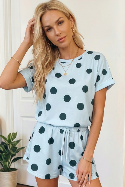 Summer 2026 Polka Dot Print Tee Drawstring Elastic Short Set: Blue