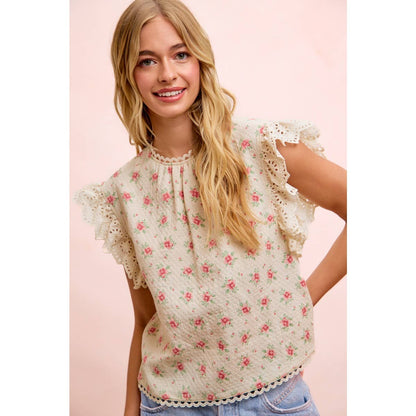 FLOWER PRINTED LACE TRIM EDGE DETAIL BLOUSE TOP: RED FLOWER