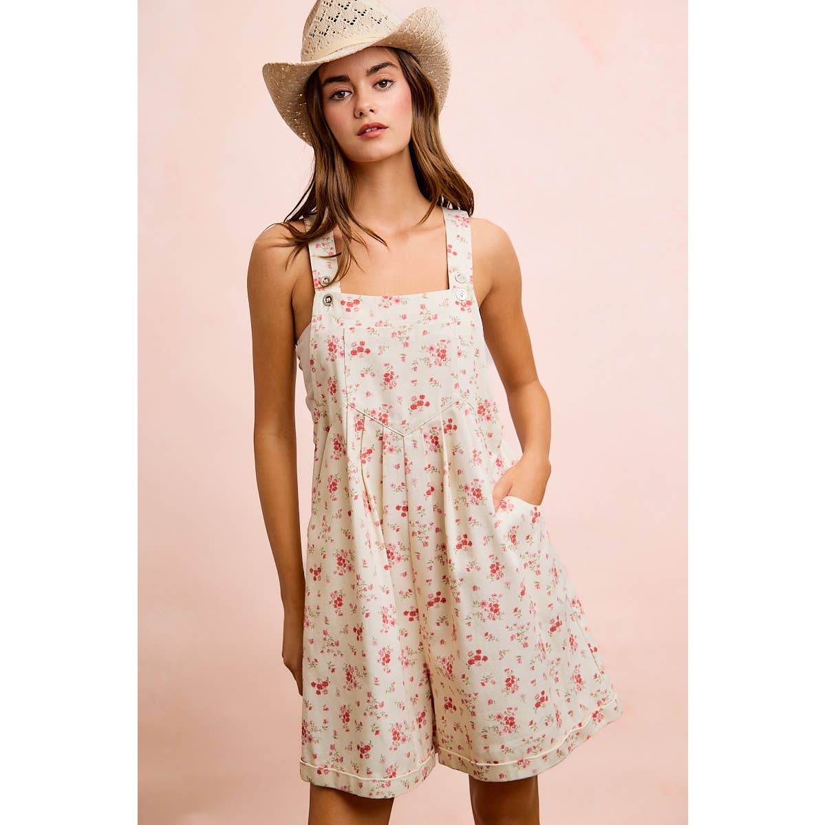 FLORAL TWILL PRINTED CHEST POCKET DETAIL SHORTALL: CREAM/PINK