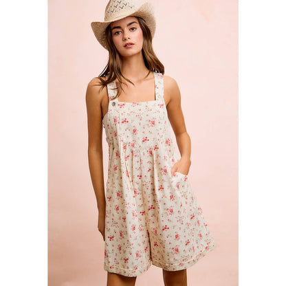 FLORAL TWILL PRINTED CHEST POCKET DETAIL SHORTALL: CREAM/PINK