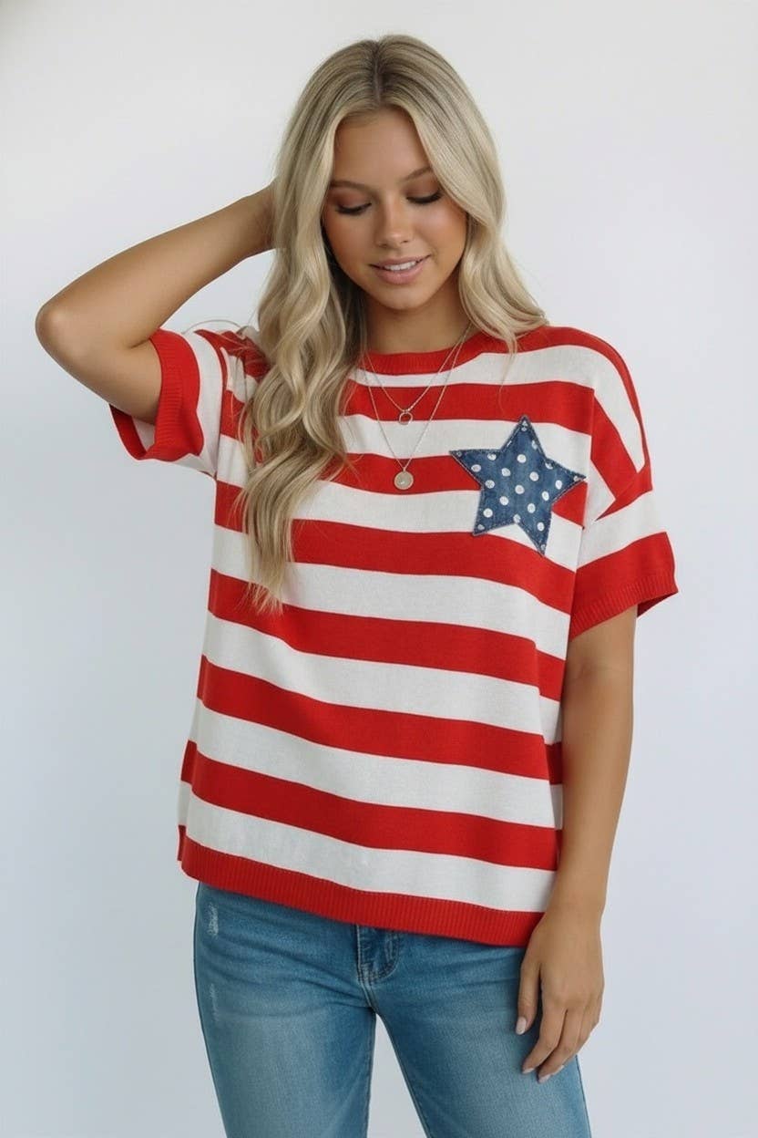 4th of July Stripe Star Patch Top: RED