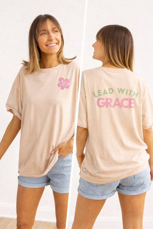 Lead with Grace on Beige Relaxed Fit Tee: Beige / S/M