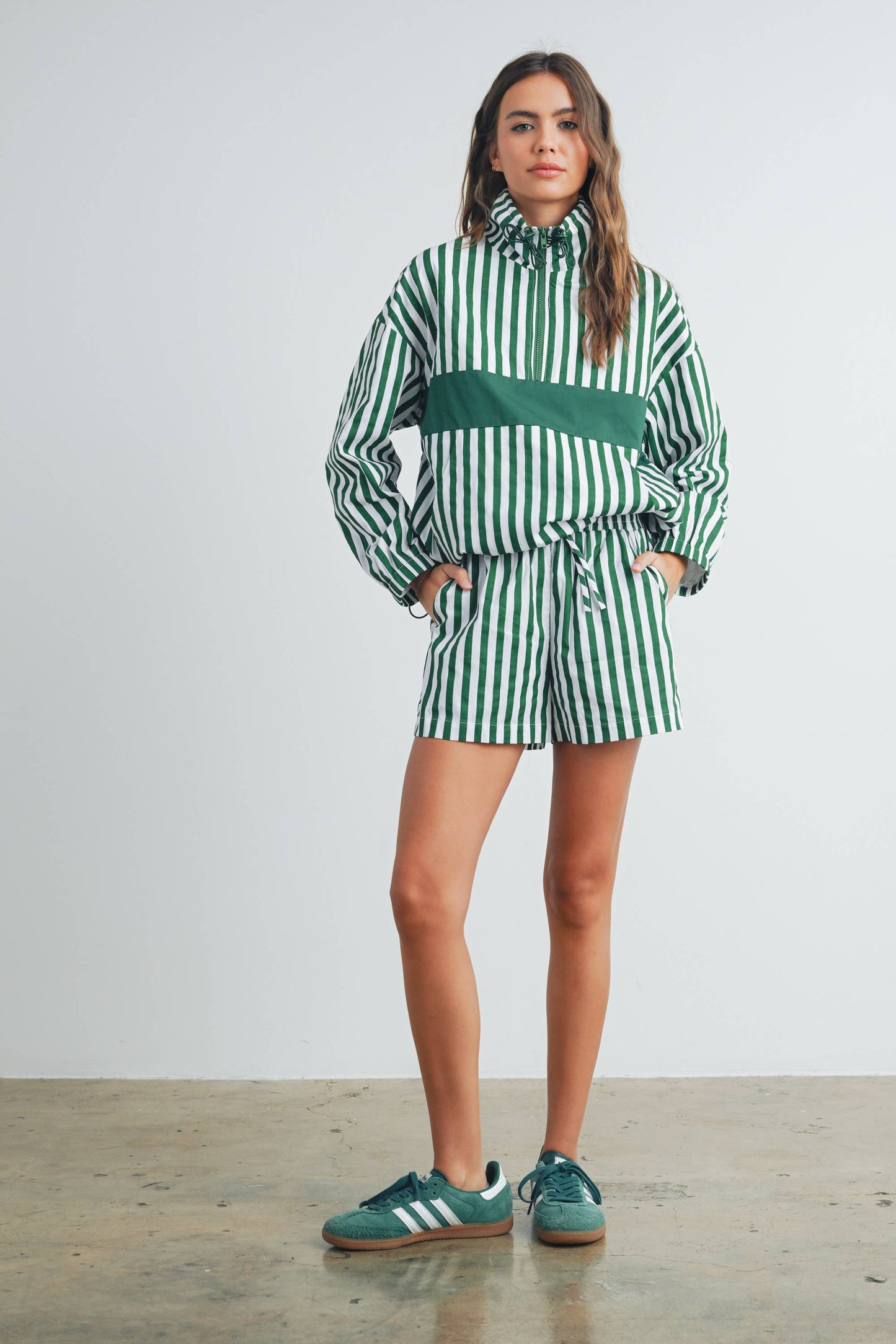 Striped Drawstring Pocket Boxer Shorts - BMP7534: GREEN / IVORY