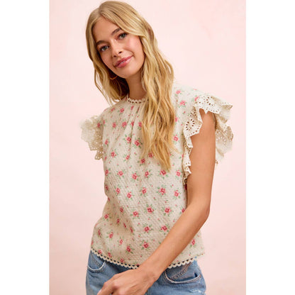 FLOWER PRINTED LACE TRIM EDGE DETAIL BLOUSE TOP: RED FLOWER