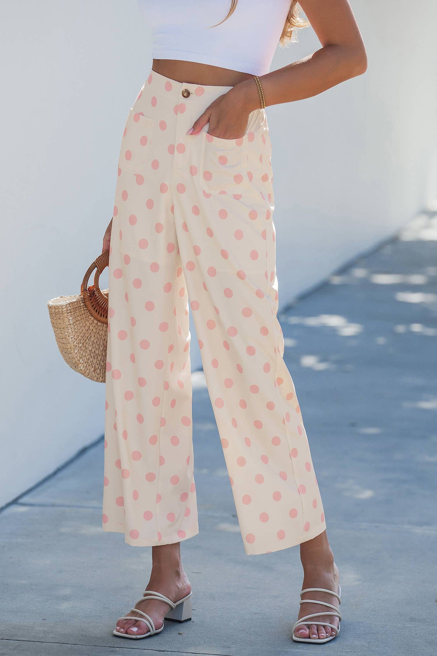 Polka Dot Print Patched Pocket Loose Pants: White