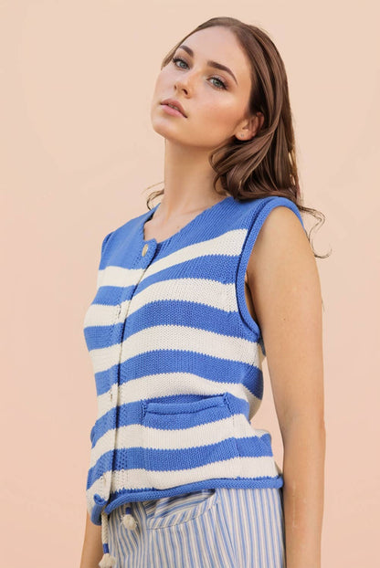 12W3634N-Stripe Button Down Knit Sweater Top: BLUE / S-M-L/2-2-2