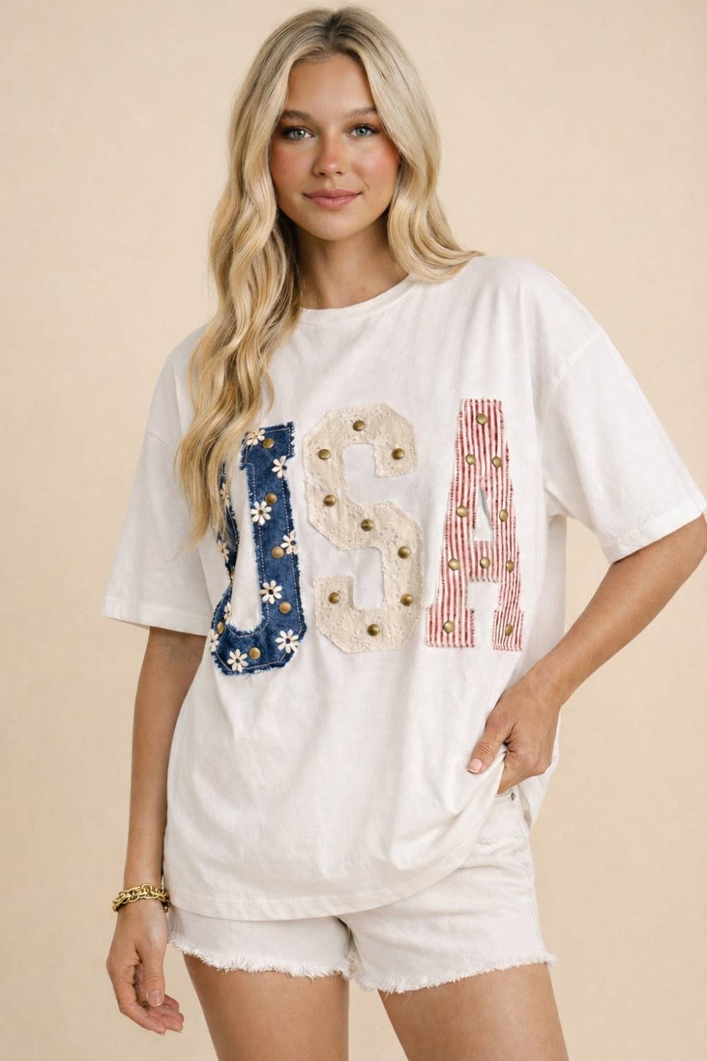 Mixed-Media Studded USA Graphic Tee: WHITE