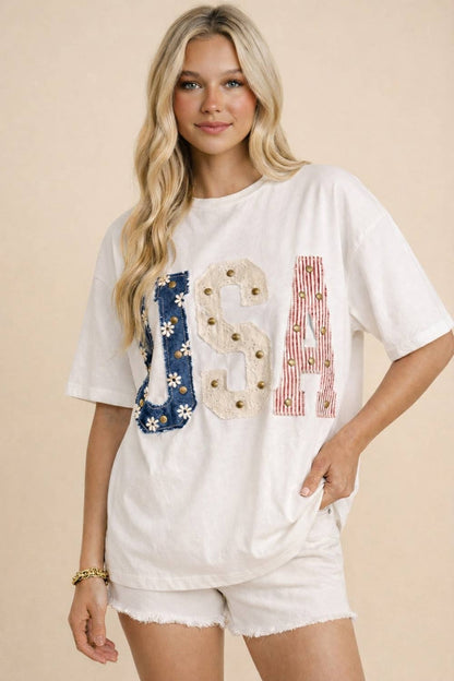 Mixed-Media Studded USA Graphic Tee: WHITE
