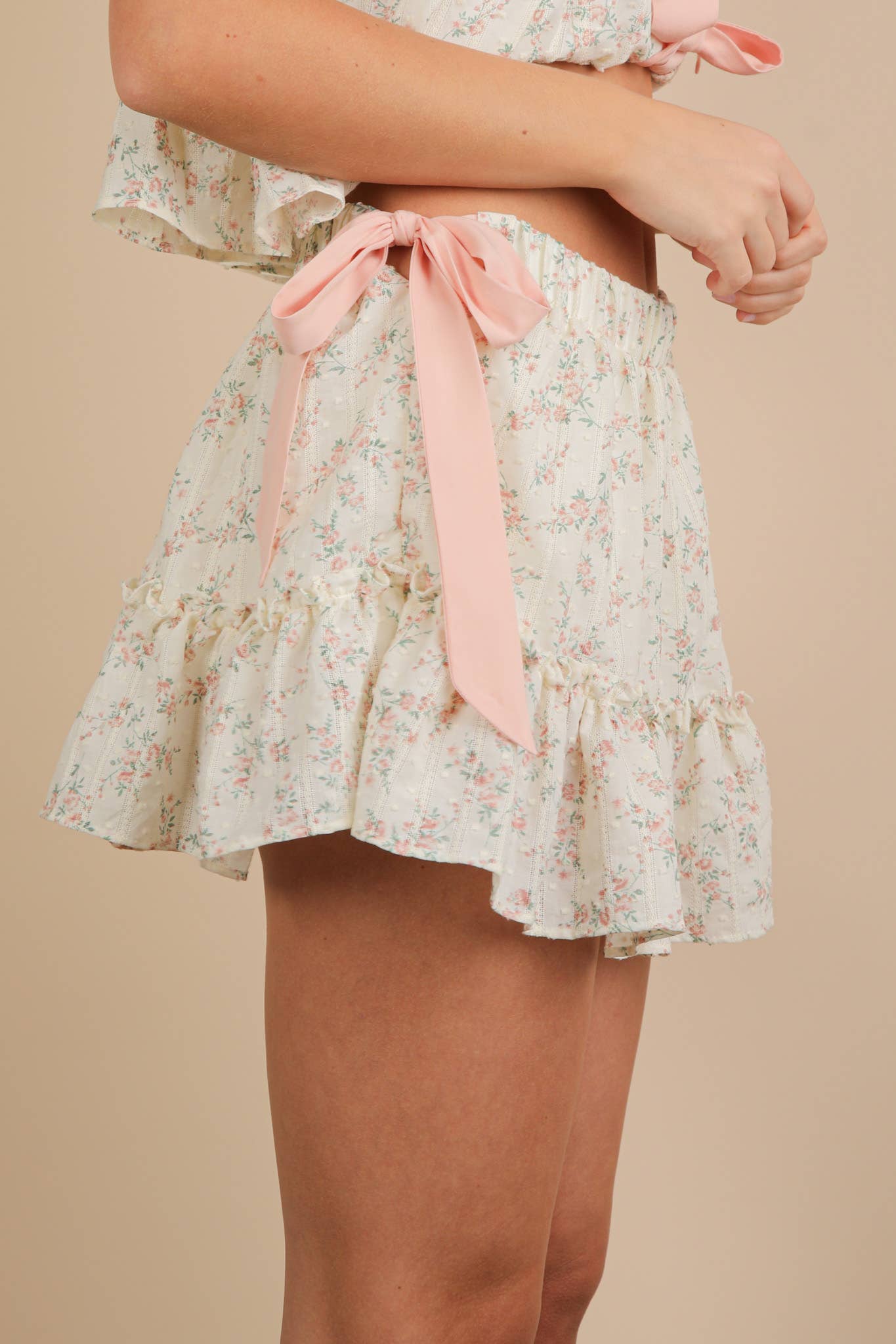 NS50144-Floral Print Side Bow Mini Skirt W/ Shorts Inside: BLUSH / S-M-L/2-2-2