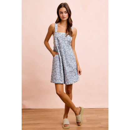 WASHED TWILL FLOWER PRINTED SHORTALL WITH POCKETS: DENIM