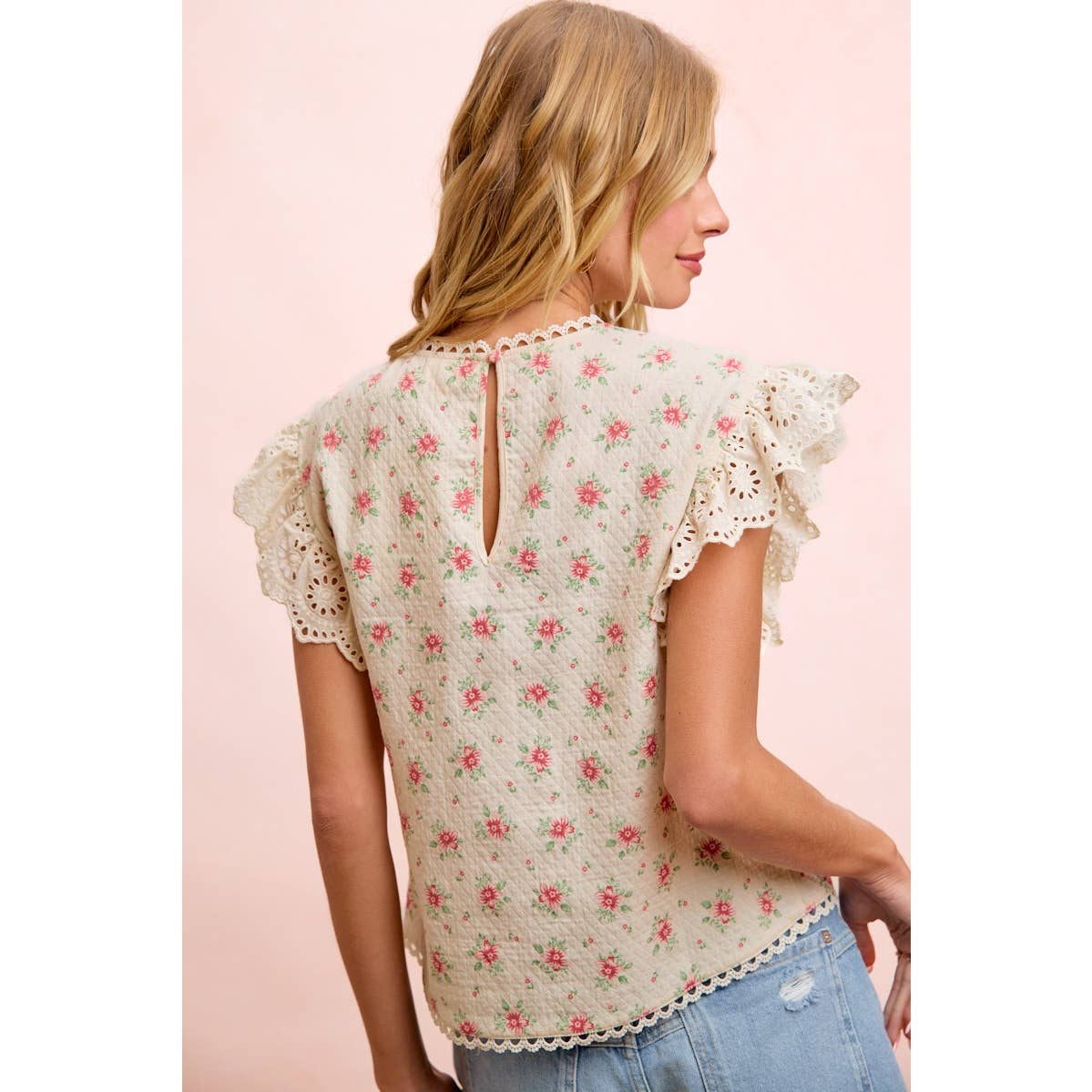 FLOWER PRINTED LACE TRIM EDGE DETAIL BLOUSE TOP: RED FLOWER