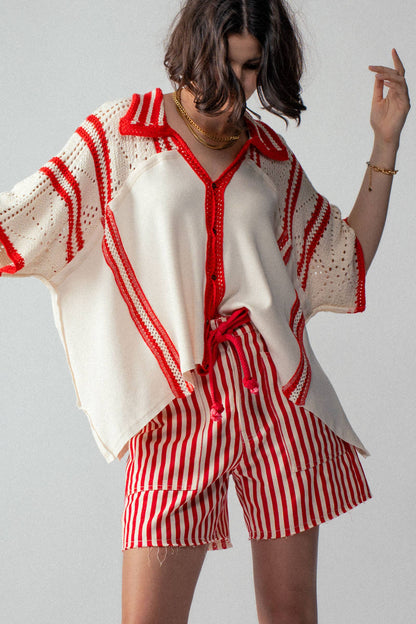 Striped High-Rise Denim Shorts: RED / S-2/M-2/L-2