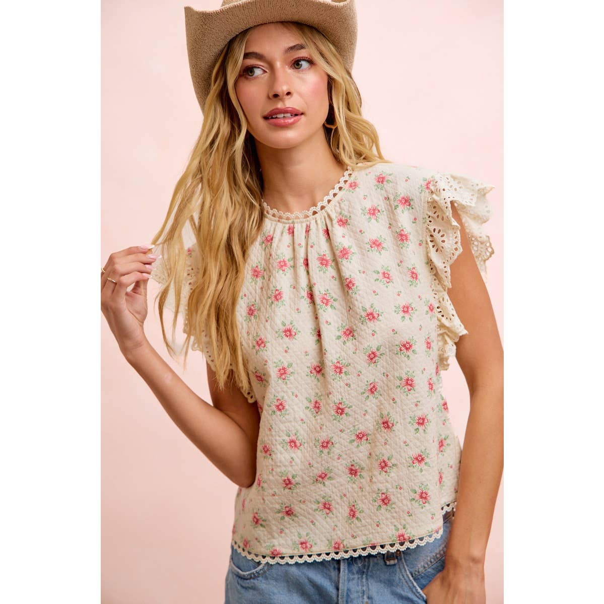FLOWER PRINTED LACE TRIM EDGE DETAIL BLOUSE TOP: RED FLOWER