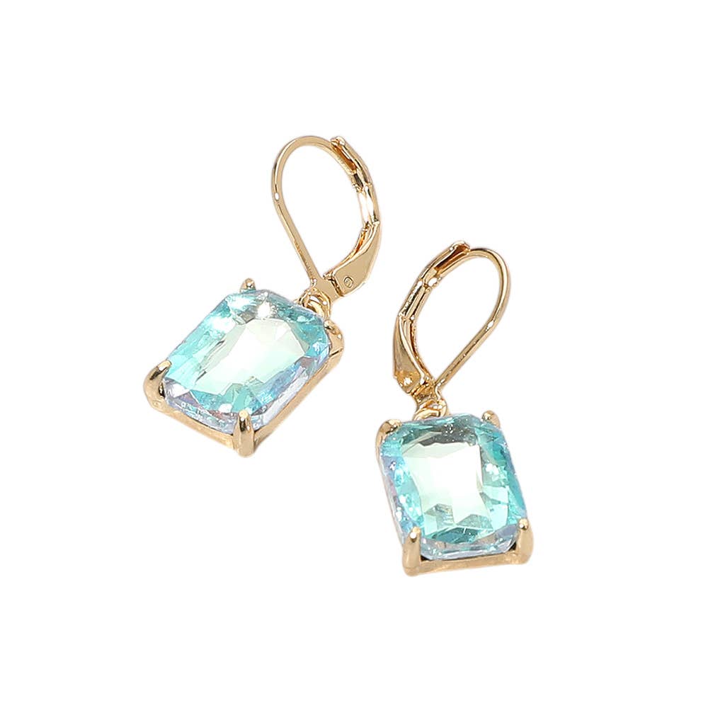 Rectangular Glass Stone Drop Dangle Earrings: AB,Aqua