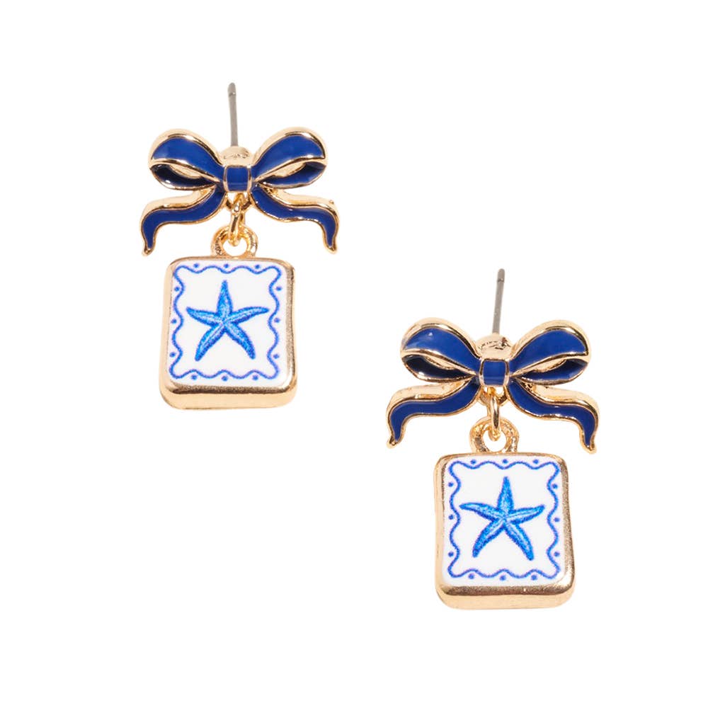 Bow Shell Print Square Frame Drop Earrings: Navy