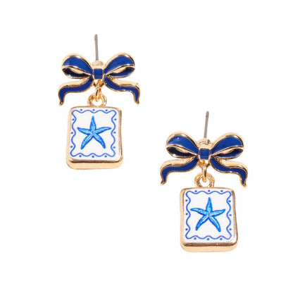 Bow Shell Print Square Frame Drop Earrings: Navy