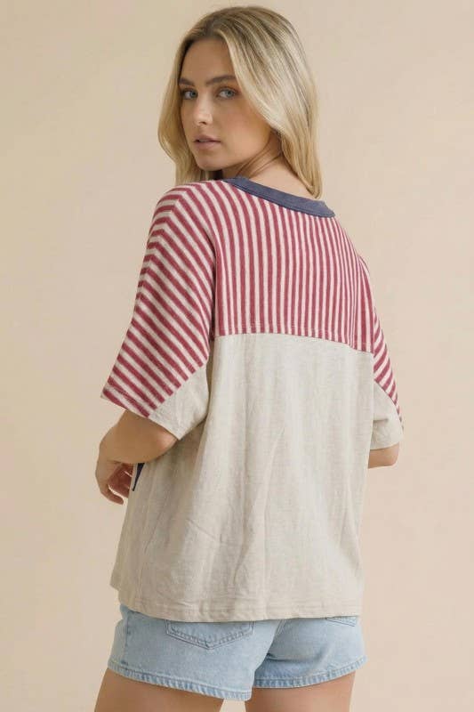 Plus Oversized Star Patch Stripe Color Block Top: Oatmeal/Red/Navy /