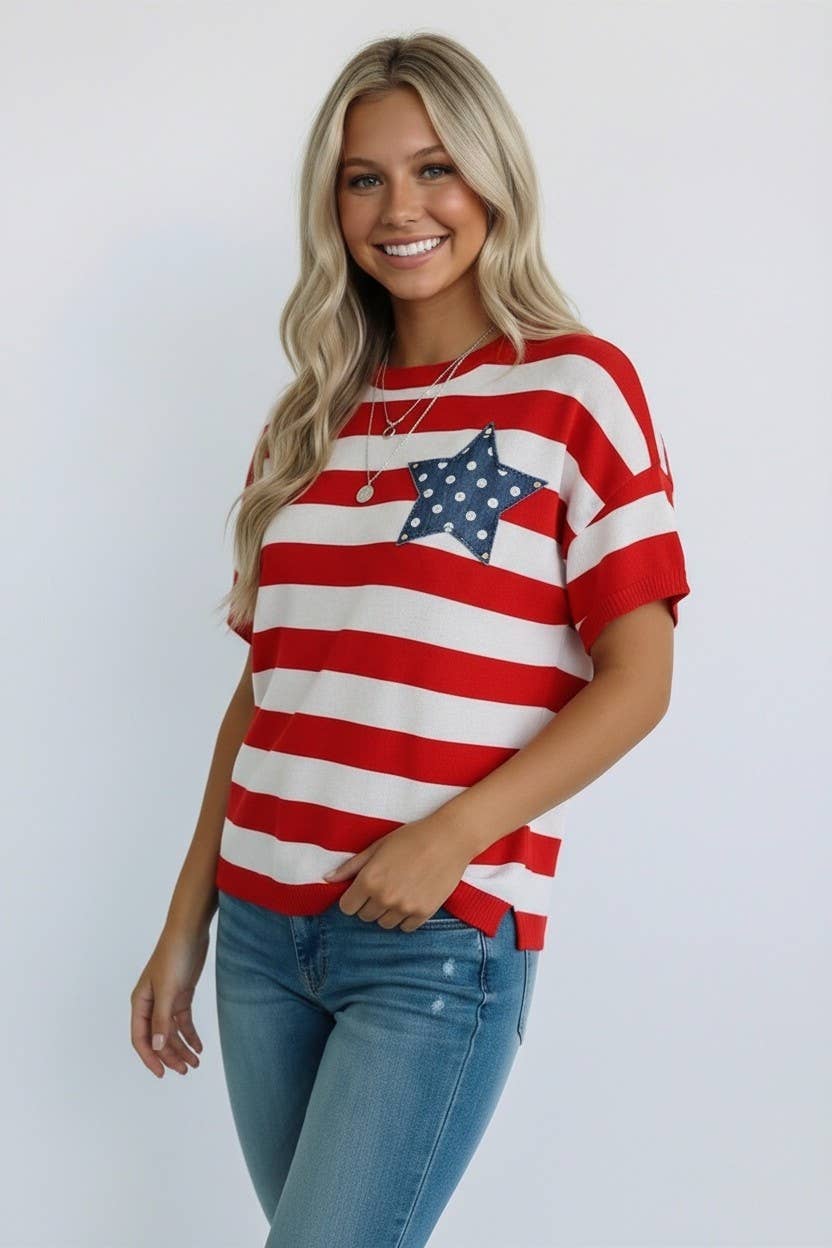 4th of July Stripe Star Patch Top: RED