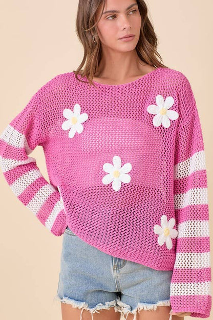 Daisy Crochet Stripe Knit Top – Ready to Ship: PINK