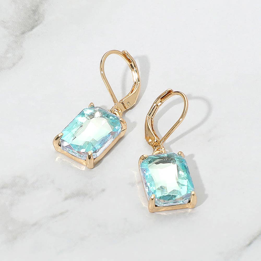 Rectangular Glass Stone Drop Dangle Earrings: AB,Aqua